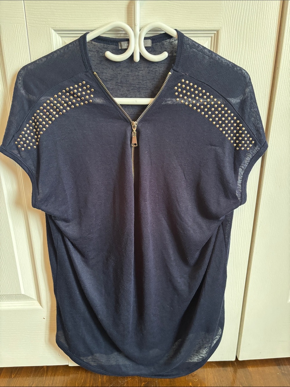 Suzy Shier Navy Zip-Front Top with Gold Stud Accents